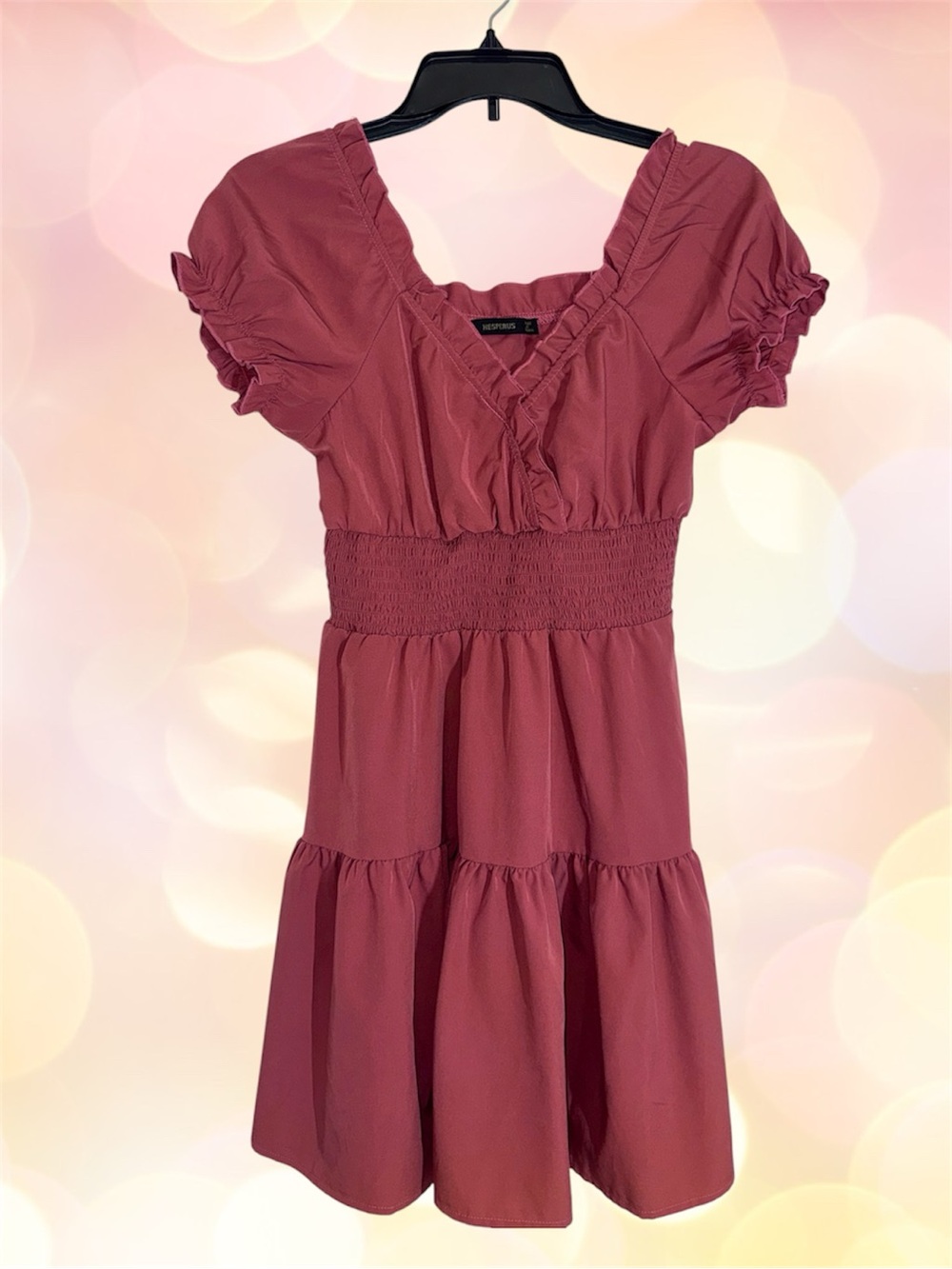 Hesperus Smocked Waist Short Sleeve Mini Dress in Dusty Mauve size S